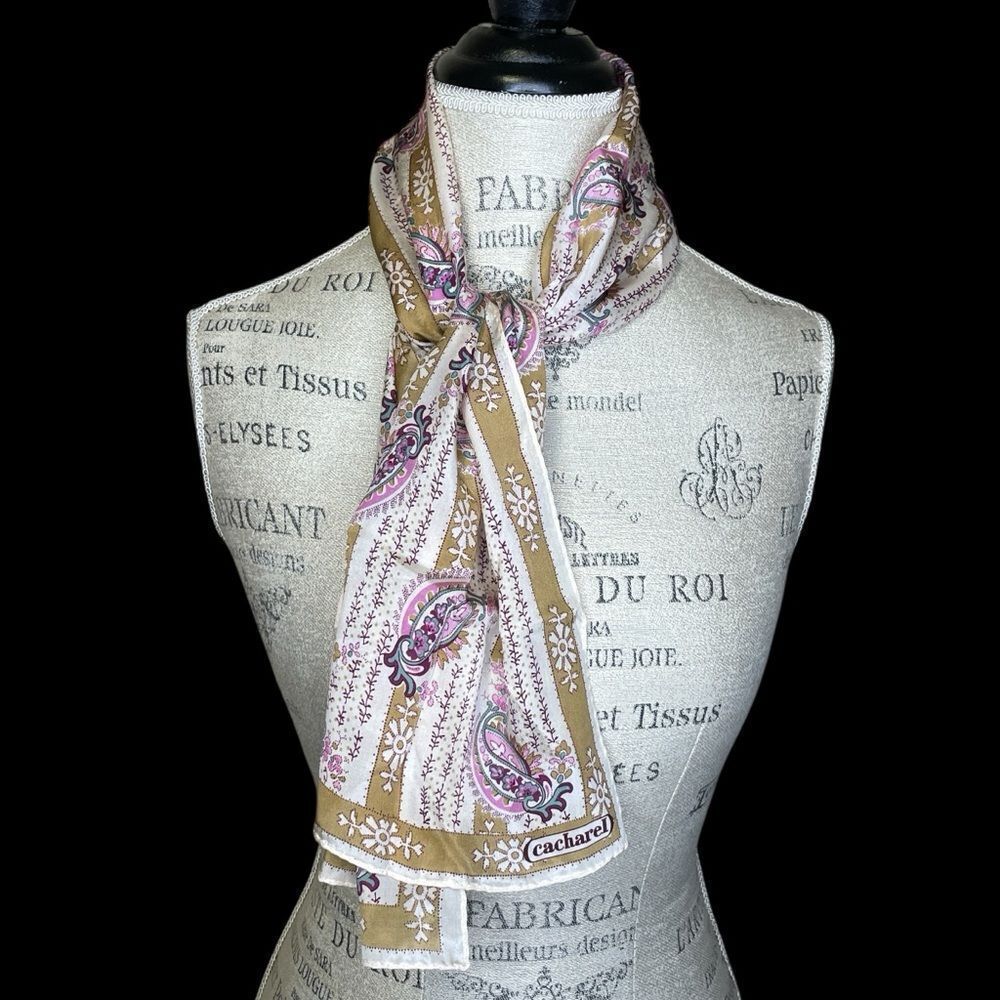Vintage Cacharel For Glentex 100% SILK Scarf Pink Purple Cream Tan